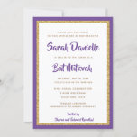 Paarse en goudkleurige rechthoek bij Mitzvah Kaart<br><div class="desc">Deze trendy uitnodiging Bat Mitzvah kenmerkt mousserende faux glitter gelaagd tegen een stevige kleurenachtergrond. Gebruik het formulier sjabloon om je eigen gegevens toe te voegen. De functie "Aanpassen" kan worden gebruikt om de lettertypestijl,  -kleur en -indeling te wijzigen.</div>