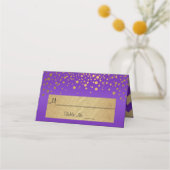 Paarse en goudkleurige Stippen en Confetti Plaatskaartje (Voorkant)