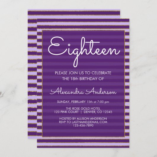Paarse en goudkleurige strepen 18e verjaardag kaart (Voorkant / Achterkant)