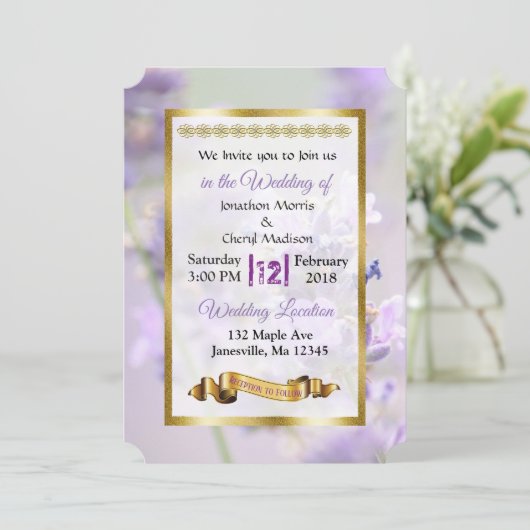 Paarse en goudlavendeweddenschappen kaart (Staand voorkant)