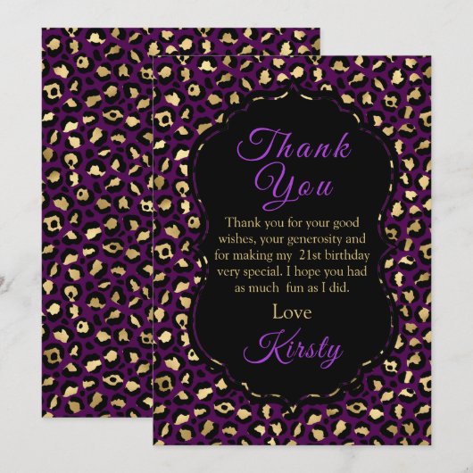 Paarse en goudluipaard - Birthday-party Bedankkaart (Voorkant / Achterkant)