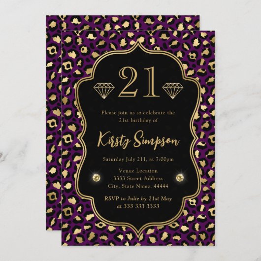 Paarse en goudluipaarden 21ste verjaardag kaart (Voorkant / Achterkant)