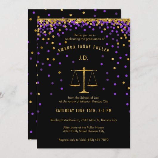 Paarse en goudmakerij Uitnodiging tot Afstuderen v (Voorkant / Achterkant)