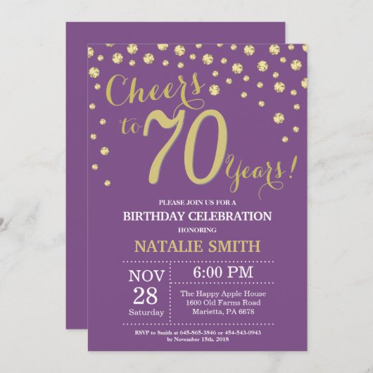 Paarse en goudmakreel - 70e verjaardag diamantopen kaart (Voorkant / Achterkant)