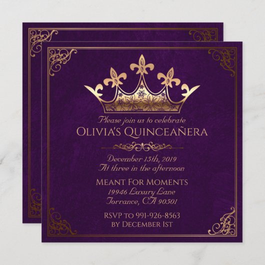 Paarse en goudmakreel Quinceanera Kaart (Voorkant / Achterkant)