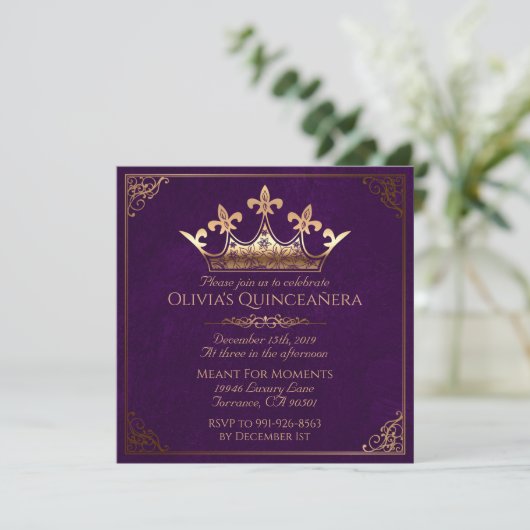 Paarse en goudmakreel Quinceanera Kaart (Staand voorkant)