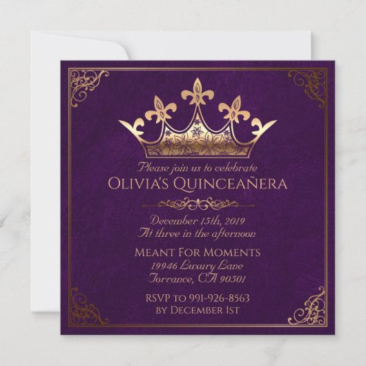 Paarse en goudmakreel Quinceanera Kaart (Voorkant)