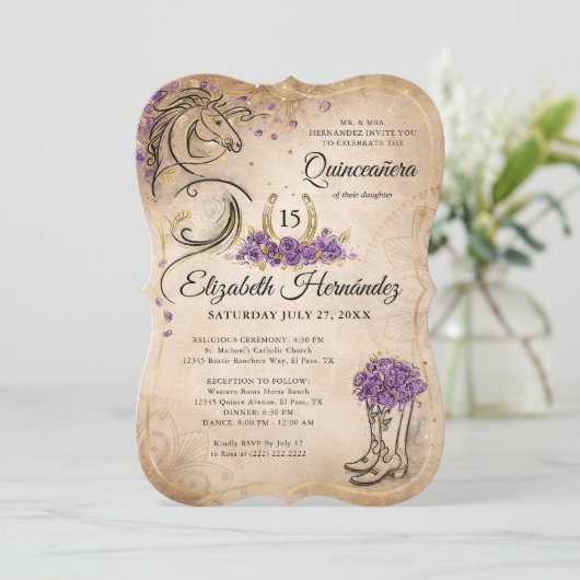 Paarse en goudmakreel Rustic Horse Birthday Kaart (Staand voorkant)