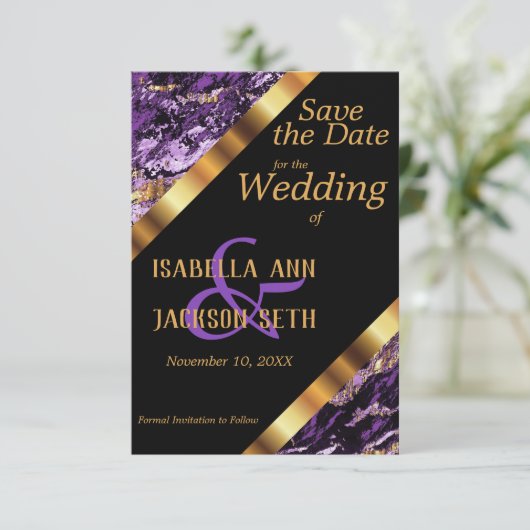 Paarse en goudmarmer bruiloft save the date (Staand voorkant)