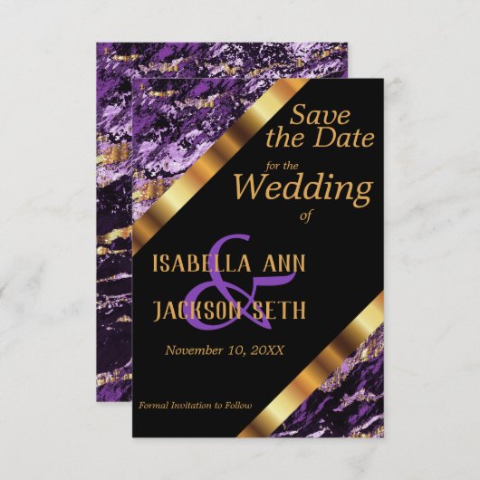Paarse en goudmarmer bruiloft save the date (Voorkant / Achterkant)