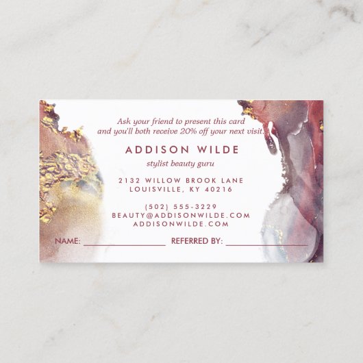 Paarse en goudmatige kunst Vloeibare Waterverf Ink Aanbevelingskaartje (Achterkant)