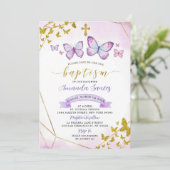 Paarse en goudmetrische vlinder Baptisme Invita Kaart (Staand voorkant)