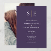 Paarse en goudmonogram fotobruiloft kaart (Voorkant / Achterkant)