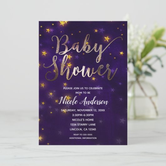 Paarse en goudnacht onder het sterrenBaby shower Kaart (Staand voorkant)