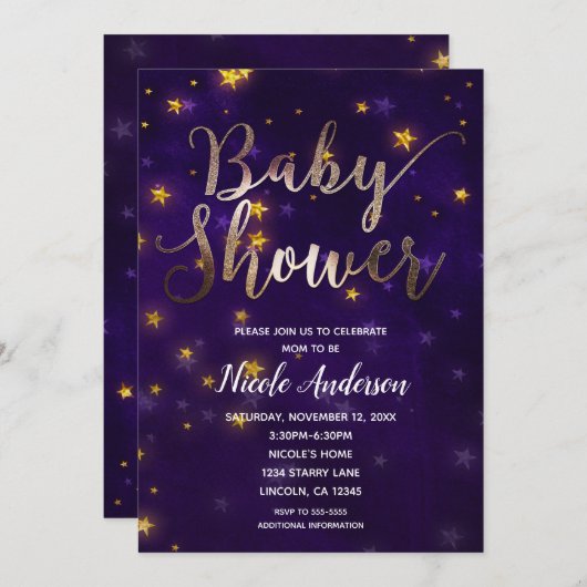 Paarse en goudnacht onder het sterrenBaby shower Kaart (Voorkant / Achterkant)