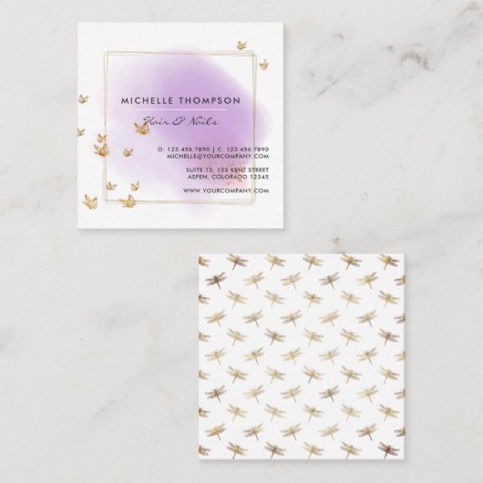 Paarse en goudpenseelstreken Doodle Square Busines Vierkante Visitekaartje (Voorkant / Achterkant)