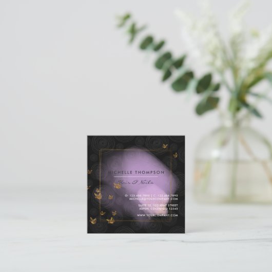 Paarse en goudpenseelstreken Doodle Square Busines Vierkante Visitekaartje (Staand voorkant)