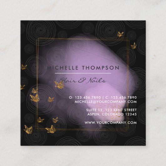 Paarse en goudpenseelstreken Doodle Square Busines Vierkante Visitekaartje (Voorkant)
