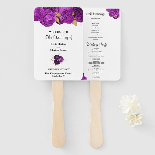 Paarse en goudplatbinding handwaaier (Voorkant en achterkant)