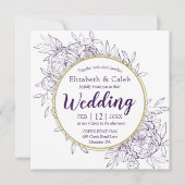 Paarse en goudpony Modern Floral Toile Wedding Kaart (Voorkant)