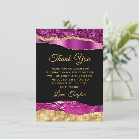 Paarse en goudscheuren zoete zestien bedankkaart (Staand voorkant)