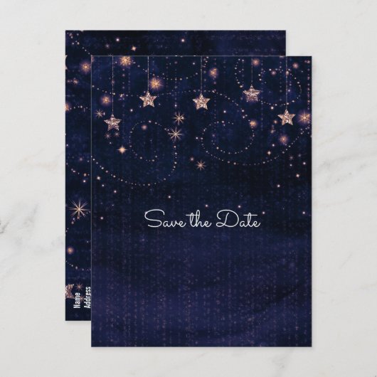 Paarse en goudsterren Whimsical Celestial Aankondigingskaart (Voorkant / Achterkant)