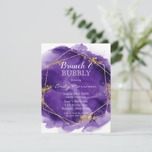 Paarse en goudverf Brunch en uitnodiging voor bubb (Staand voorkant)