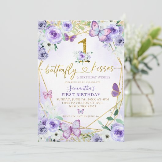 Paarse en goudvormige vlinder eerste verjaardag kaart (Staand voorkant)