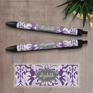 Paarse en grijs Vintage Damask Pattern Monogram Zwarte Inkt Pen
