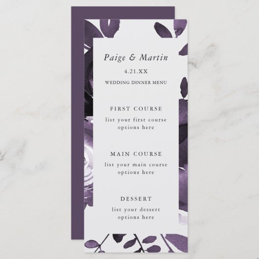 Paarse en Grijze Bloemen Wedding Menu Kaart (Voorkant / Achterkant)