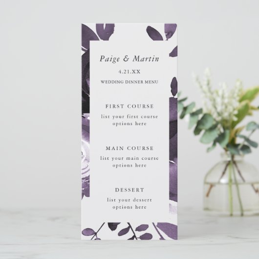 Paarse en Grijze Bloemen Wedding Menu Kaart (Staand voorkant)