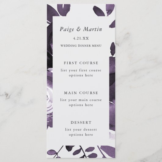 Paarse en Grijze Bloemen Wedding Menu Kaart (Voorkant)