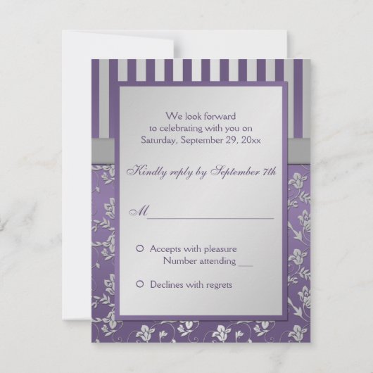 Paarse en grijze bloemige gestreepte RSVP-kaart Kaart (Achterkant)