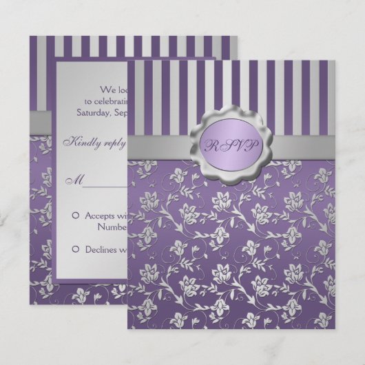Paarse en grijze bloemige gestreepte RSVP-kaart Kaart (Voorkant / Achterkant)