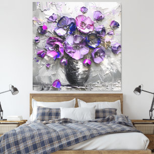Paarse en grijze bloemige kunstprintjes canvas afdruk