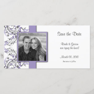 Paarse en grijze bloemige Save the Date fotokaarte