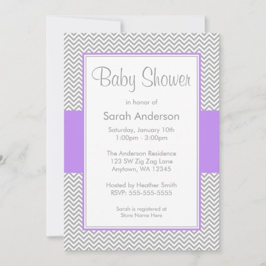 Paarse en grijze Chevron Baby Shower Invitaties Kaart (Voorkant)