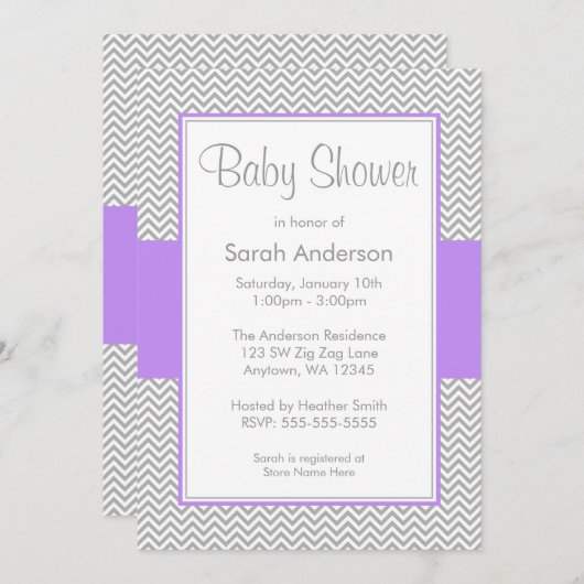Paarse en grijze Chevron Baby Shower Invitaties Kaart (Voorkant / Achterkant)