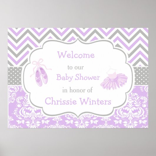 Paarse en grijze Chevron Ballerina Baby shower Poster (Voorkant)