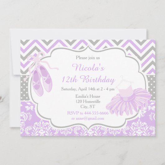 Paarse en grijze Chevron Ballerina Verjaardag Kaart (Voorkant)