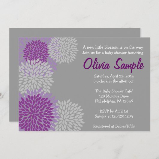 Paarse en grijze Dahlia Baby shower Uitnodiging (Voorkant / Achterkant)