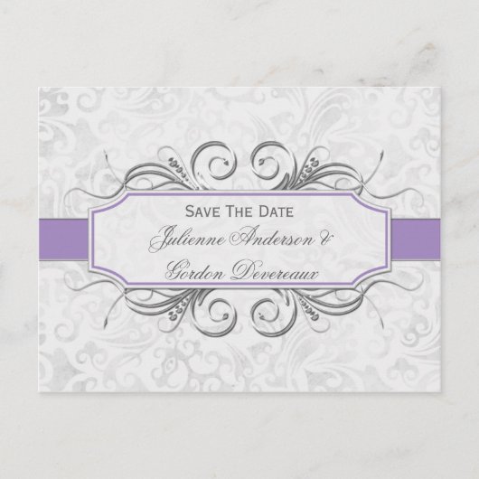 Paarse en grijze Damask Save The Date Aankondigingskaart (Voorkant)