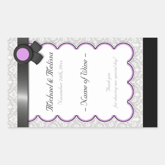 Paarse en grijze Damask Wedding Wine Bottle Labels (Voorkant)
