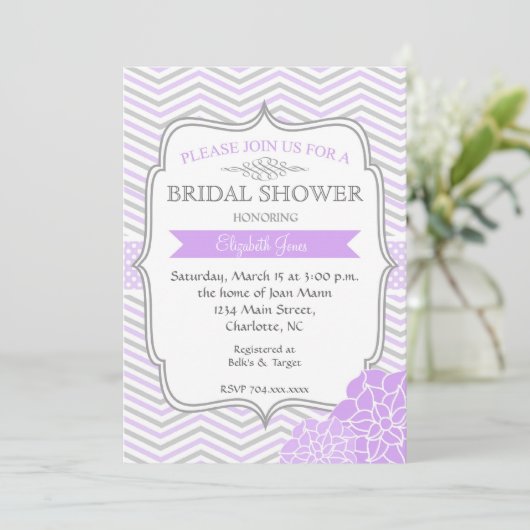 Paarse en grijze  douche Uitnodiging (Staand voorkant)