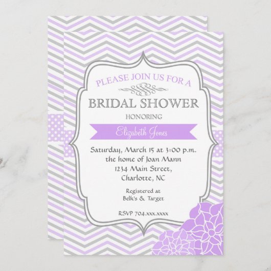 Paarse en grijze  douche Uitnodiging (Voorkant / Achterkant)