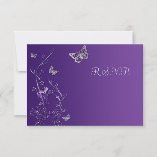 Paarse en grijze Floral met Butterflies Reply Card RSVP Kaartje (Voorkant)