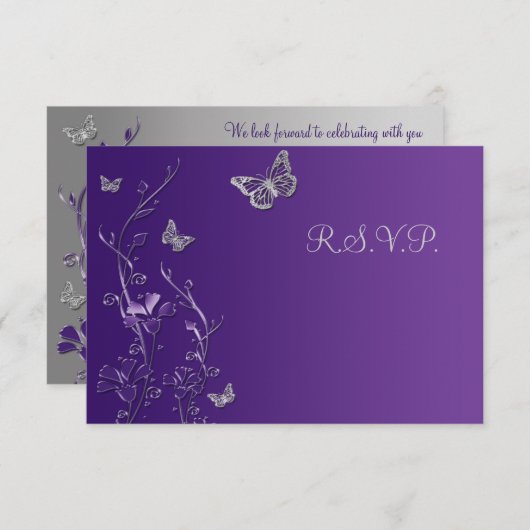 Paarse en grijze Floral met Butterflies Reply Card RSVP Kaartje (Voorkant / Achterkant)