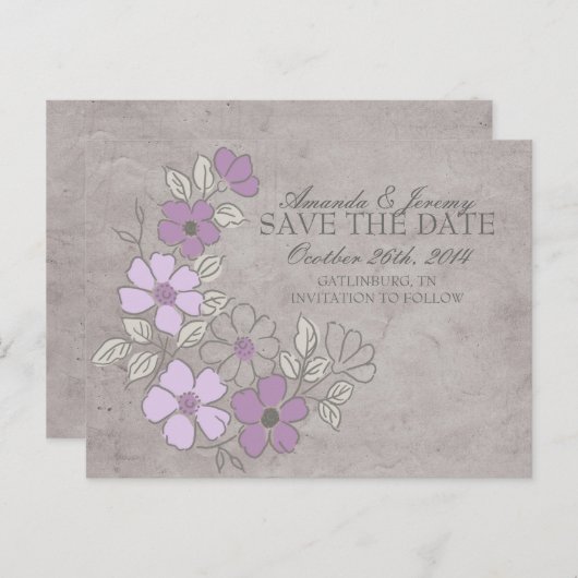 Paarse en grijze Floral sparen de datum Aankondigingskaart (Voorkant / Achterkant)