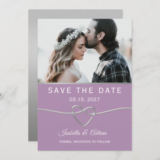 Paarse en grijze fotobruiloft save the date (Voorkant / Achterkant)