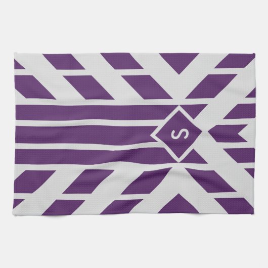 Paarse en grijze keukenhanddoek, monogram theedoek (Horizontaal)